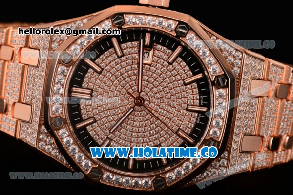 Audemars Piguet Royal Oak 41MM Asia 2813 Automatic Rose Gold/Diamonds Case with Stick Markers Black Inner Bezel and Diamonds Dial (EF) - Click Image to Close
